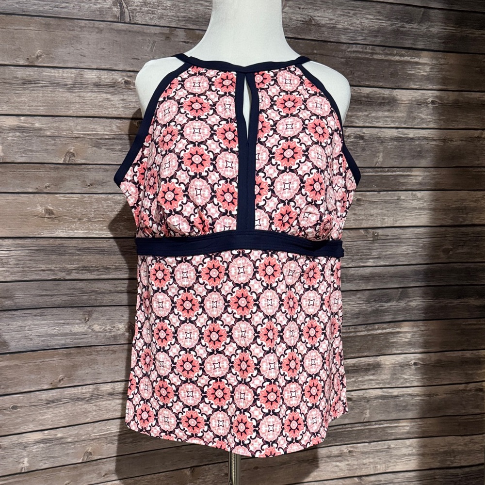 Lands' End Coral and Navy High Neck Tankini Top